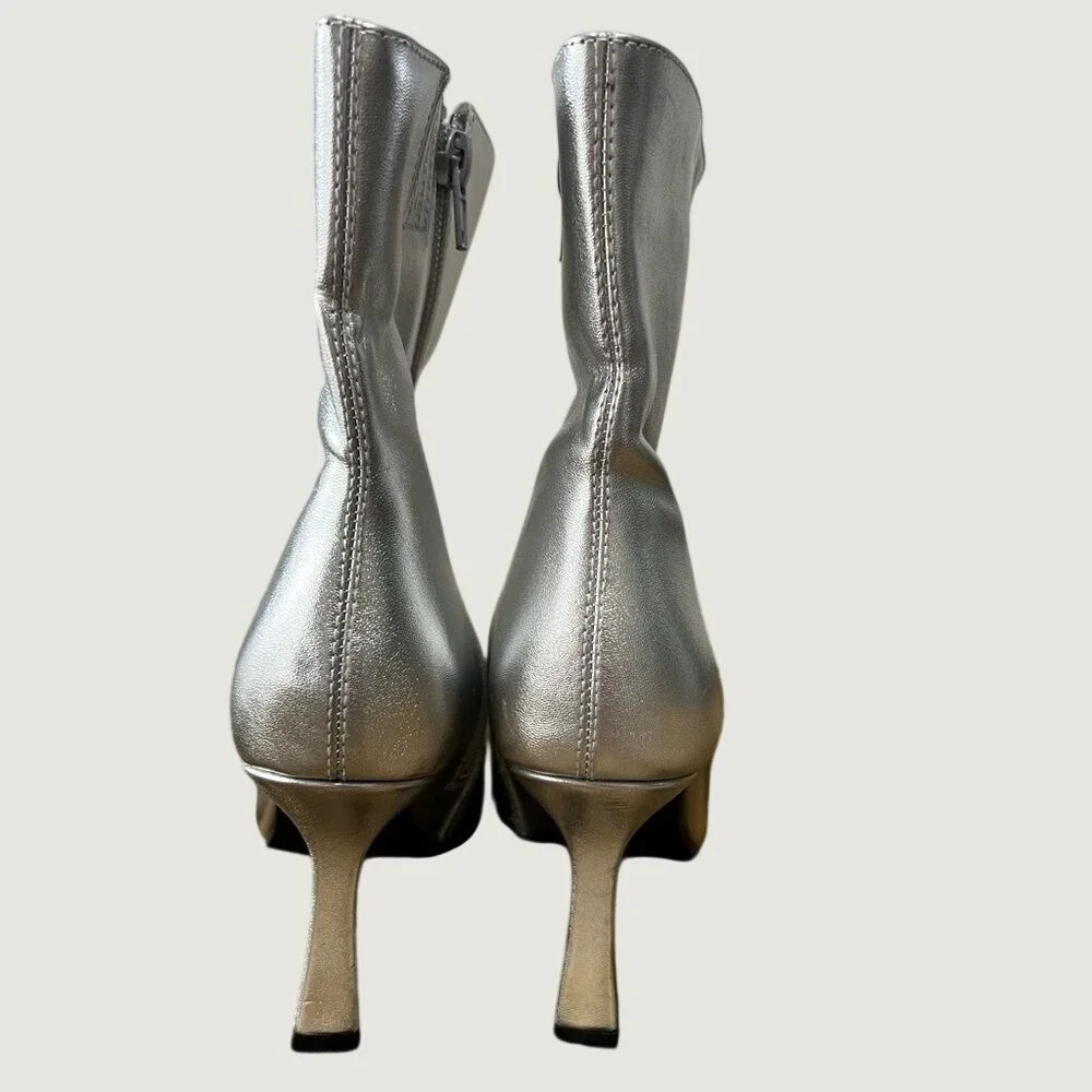 Open Edit Silver Metallic‎ Square Toe Flared Kitten Heel Ankle Boots Womens 5M